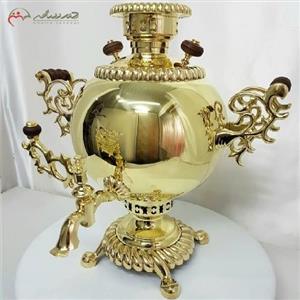سماور 8 لیتری ذغالی، در دو رنگ آنتیک و طلایی طرح بدنه ی کروی با پایه های شبکه ای 114