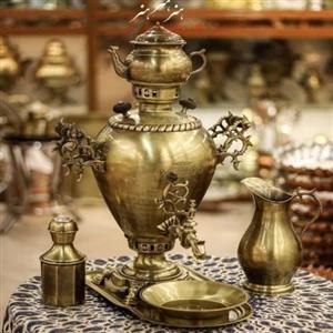 سرویس سماور 4 لیتری زغالی برنجی، آنتیک کاری شده با روکشش نانو، منحصر به فرد