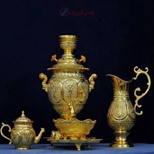سماور برنجی 4 لیتری قلمزنی تزئینی، طرح اسلیمی هنر استاد رحمتی با روکش کوره ای، منحصر به فرد