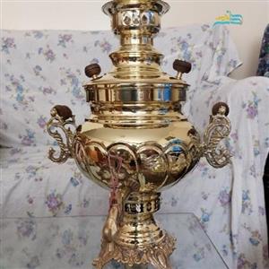 سماور برنجی زغالی 6 لیتری دسته ماهی با ورق ضخیم، شیک و خاص، ثبات رنگ