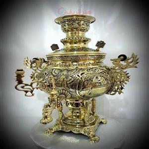 سماور زغالی برنجی ۸ لیتری ب قلم زنی فوق العاده در نقش خدایان یونان، مدل عدسی، بسیار زیبا و شیک