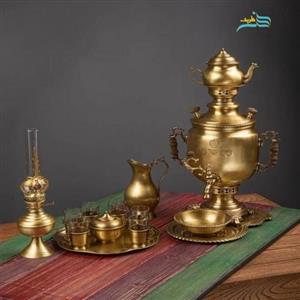 سرویس سماور زغالی 6 لیتری برنجی همراه با چراغ سنتی و چایخوری شکیل، با کیفیت و ضخامت ورق برنجی