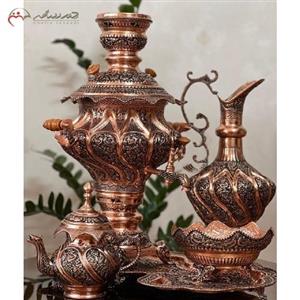 سرویس سماور مسی خم کاری و قلم زنی شده ی 5 لیتری با ورق 1.5 میل از مس و دوام بسیار بالا