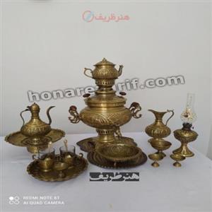 سرویس کامل سماور 6 لیتری زغالی برنجی مدل عدسی، قلم زنی با ظرافت، سنگین وزن
