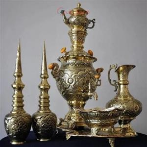 سرویس سماور برنجی 4 لیتری قلمزنی، طرح اسلیمی زیبا هنر استاد نقیان، با کیفیت عالی