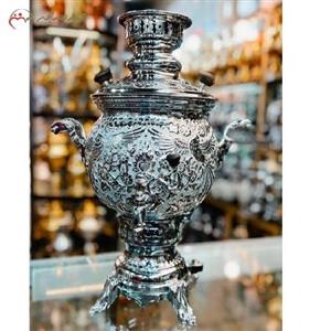 سماور 6 لیتری تمام مس گازی طرح ممتاز با دسته های مدل گل و مرغ و بدنه ی قلم کاری شده از جنس کروم کد 116