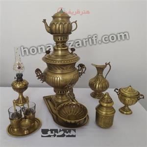 سرویس کامل و زیبا سماور 3.5 لیتری زغالی برنجه با دسته توری لبه دار، قلم زنی اعلاء طرح خطی