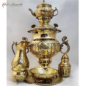 سماور ذغالی 6 لیتری مدل کاپی چهار دسته با بدنه ی برنجی و آبکاری کروم همراه ست شیک و آنتیک با ضمانت کد 116