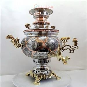 سماور 6 لیتری زغالی برنجی کار شده در مدل توپی( مسی )، قلم زنی ظریف سنتی تبریز