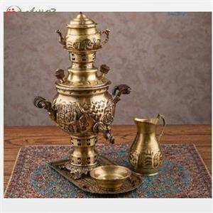 ست کامل سماور 1 لیتری قلم کاری با دسته های شاخ دار و دارای مهر، قابل اجرا در رنگ و طرح متفاوت