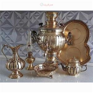 ست سماور 6 لیتری زغالی برنجی، با مهر و امضاء، قلم زنی خطی، کیفیت عالی