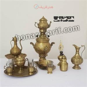 ست سماور 3 لیتری زغالی برنجی مدل توپی با قلم دست همراه با آفتابه و لگن و سرویس پایخوری