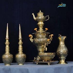 سرویس سماور برنجی و تنگ شاخدار قلم استاد لطفی، دکوری، 3 لیتری دارای روکش کوره ای