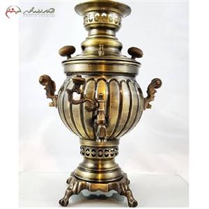 سماور 3 لیتری ذغالی مدل روسی ترکدار با بدنه ی کار شده و رنگ آنتیک دارای و زیر  بازار کد 116