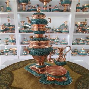 ست شیک سماور مسی فیروزه کوبی شده با فیروزه اصل نیشابور و کیفیت درجه یک 