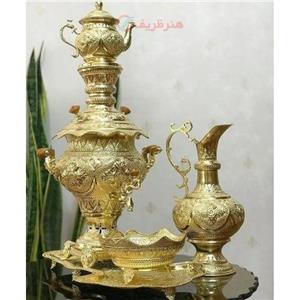 سرویس سماور 5 لیتری زغالی و برقی برنجی قلمزنی ٥ لیتری، روکش کوره ای بدون تغییر رنگ، قلم زنی اعلاء