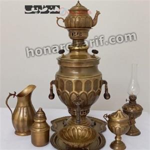 سرویس زیبای سماور 8 لیتری زغالی برنجی با کیفیت عالی در دو رنگ آنتیک و طلایی با قلم زنی اعلاء