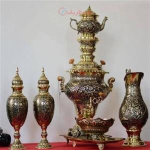 سرویس کامل سماور 5 لیتری قلمزنی برنجی، طرح گل و مرغ با قلم استاد هرندی، کیفیت اعلاء