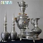 سرویس سماور قلمزنی 4 لیتری طرح گل و مرغ، آبکاری برنج سیاه قلم با روکش نقره، لوکس و با دوام