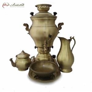 سماور گازی طرح ترنج با بدنه ی ساده و رنگ آنتیک همراه ست بسیار کاربردی و شیک، زیر  بازار کد 113