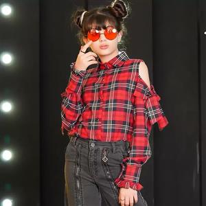 شومیز جدید مجلسی دخترانه سرشانه باز چهارخانه قرمز (مناسب 7 الی 8 سال)