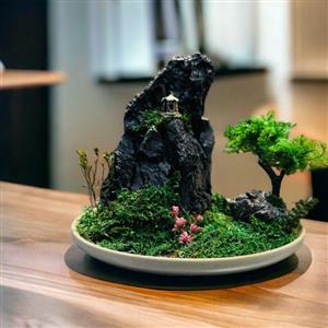 بونسای کوهستان مینیاتوری به همراه معبدی در بالای کوه