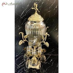 ظرف شربت خوری برنزی طرح خمره ای با بدنه کریستالی همراه با شات و گیلاس خوری کد 854