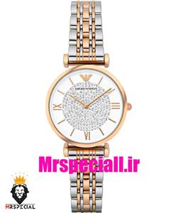 ساعت امپریو ارمانی زنانه استیل دو رنگ رزگلد صفحه سفید نگینی 020902 EMPORIO ARMANI