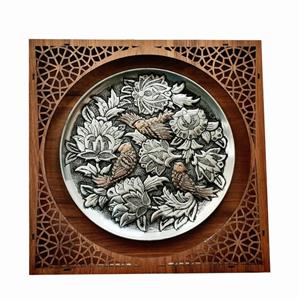 بشقاب قلم زنی مسی طرح گل ومرغ -