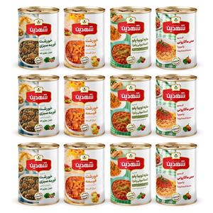کنسرو خورشت قورمه سبزی با سویا و خورشت قیمه با سویا و سس ماکارونی و مایه استانبولی شهدین - 370 گرم بسته 12 عددی