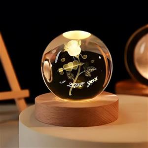 چراغ رومیزی مدل گوی شیشه ای 3D طرح گل رز عاشقانه