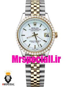 ساعت زنانه رولکس مدل دیت جاست کوارتز دورنگ طلایی نگین دار صفحه سفید صدف 01481 ROLEX DATEJUST
