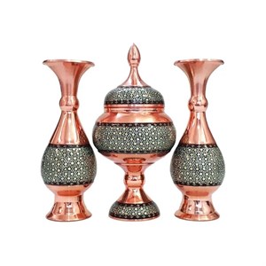 ست 3 تکه شکلات خوری و گلدان مس و خاتم کاری کد 349 