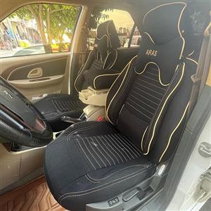 روکش صندلی ماشین پژو پرشیا جدید پارچه کتان طرح پلاس رنگ مشکی کرم