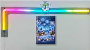 تابلو شاسی عکس کریسمس کلبه برفی و آتش بازی