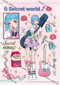 استیکر برش نخورده پینترستی دختر انیمه ای گیتاریست مو آبی مناسب اسکرپ بوک 