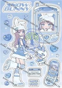 استیکر برش نخورده پینترستی دختر انیمه ای خرگوشی آبی پاستل مناسب اسکرپ بوک 