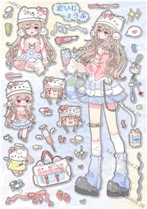 پک استیکر برش نخورده فانتزی دختر انیمه ای پینترستی گربه مناسب اسکرپ بوک 