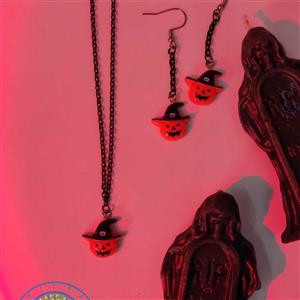 گردنبد و گوشواره زنجیر مشکی هالووینی گاثیک کدو تنبل با کلاه جادوگری