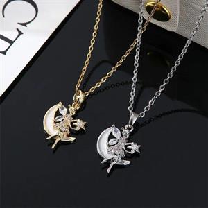 گردنبند استیل دخترانه طرح ماه و فرشته نگین دار رنگ ثابت کد 1515597