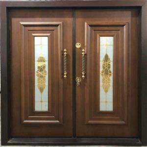 درب ویلایی ضد سرقت دو لنگه شیشه خور کف 18 ورق 1.25 قفل کاله با رنگ پلی اورتان کد 4001