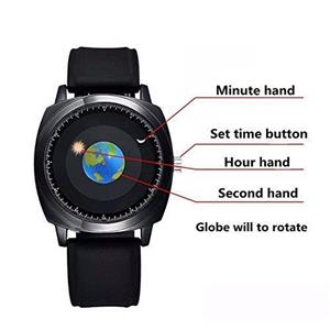 MINILUJIA 50M Waterproof Men Watches Travel The World Watch Classic Creative Earth Globe Moon Sun Rotating Moving Eye-catching Personalized Cool Unique Mens Watches Silicone Black Strap 