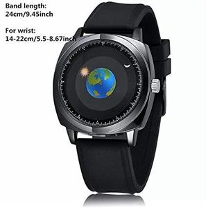 MINILUJIA 50M Waterproof Men Watches Travel The World Watch Classic Creative Earth Globe Moon Sun Rotating Moving Eye-catching Personalized Cool Unique Mens Watches Silicone Black Strap 