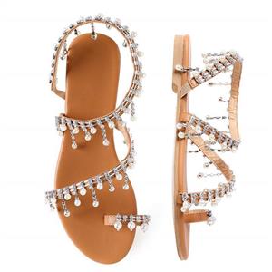 Shoe'N Tale Women Bling Rhinestone Pearl Flat Gladiator Sandals Toe Ring Dress Shoes 
