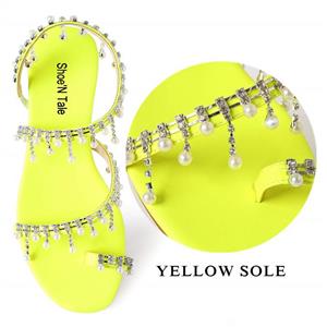 Shoe'N Tale Women Bling Rhinestone Pearl Flat Gladiator Sandals Toe Ring Dress Shoes 