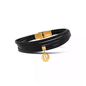 دستبند چرم و طلا حروف P