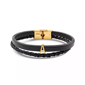 دستبند چرم و طلا حروف A  GBT0309