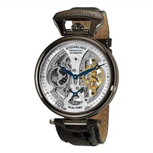 Stührling Original Mens Skeleton Watch Dial Automatic Watch with Calfskin Leather Band and - Dual Time, AM/PM Sun Moon