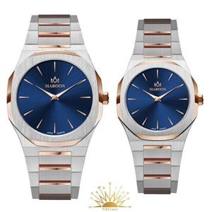 ست ساعت مچی زنانه و مردانه مارون مدل 77444/2، دو رنگ رزگلد، صفحه سرمه‌ای