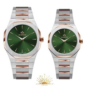 ست ساعت مچی زنانه و مردانه مارون مدل 77444/2، دو رنگ رزگلد، صفحه سبز